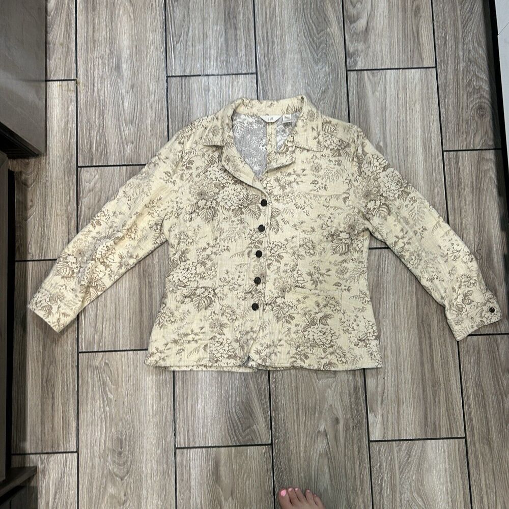 J Jill Womens Blazer Large Beige Floral Pockets Button Up Tapestry Church Office